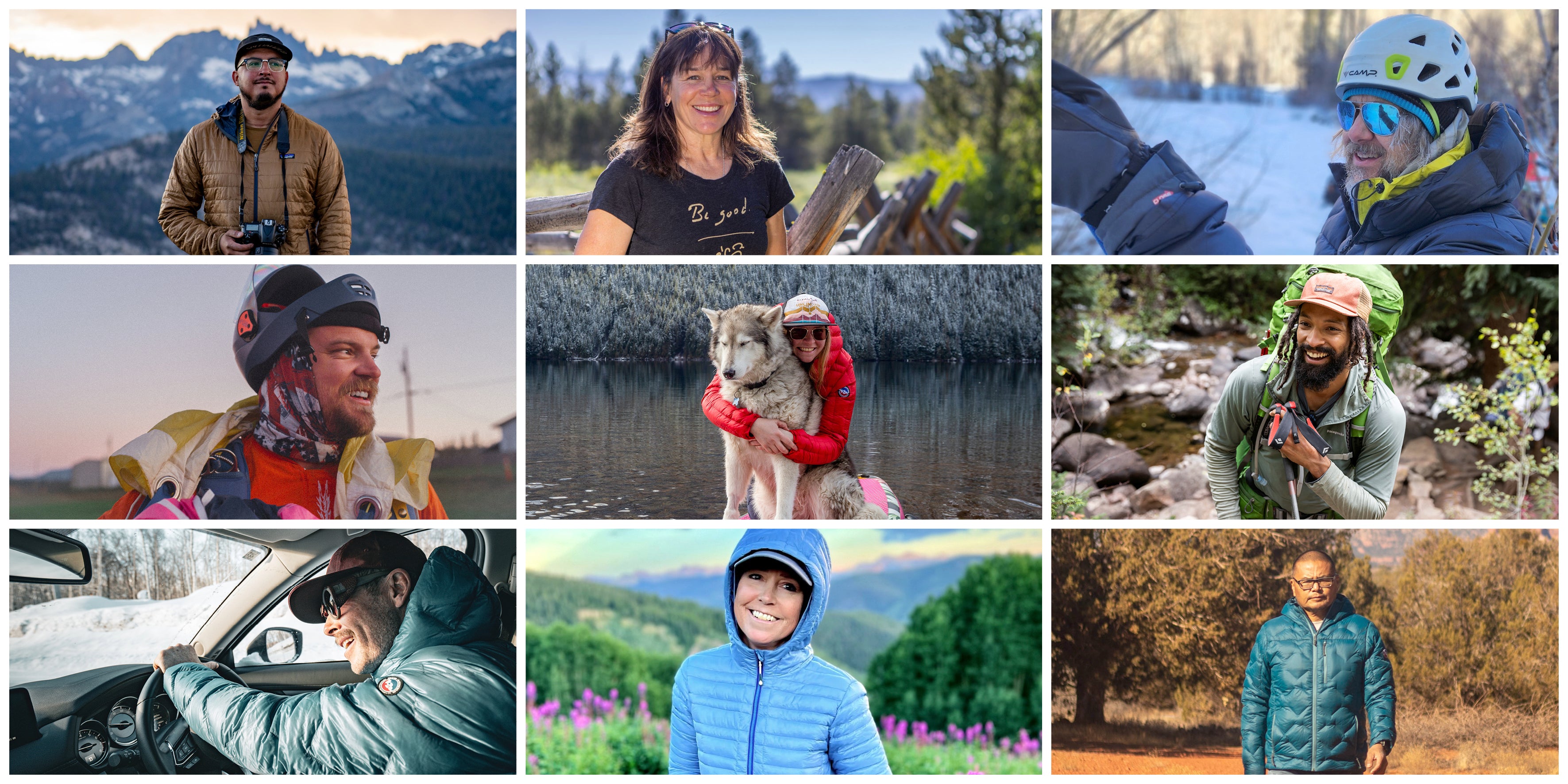 A collage of nine people outdoors in different settings, including mountains, forests, snowy areas, and near water. They are dressed in outdoor gear, smiling, and enjoying nature; one person hugs a dog.