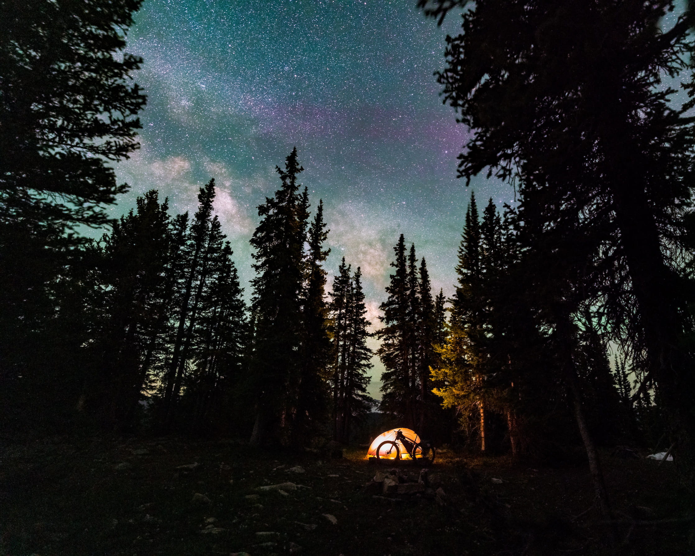 A glowing tent sits among tall pine trees under a starry night sky with the Milky Way visible, creating a peaceful, remote camping scene in the forest.