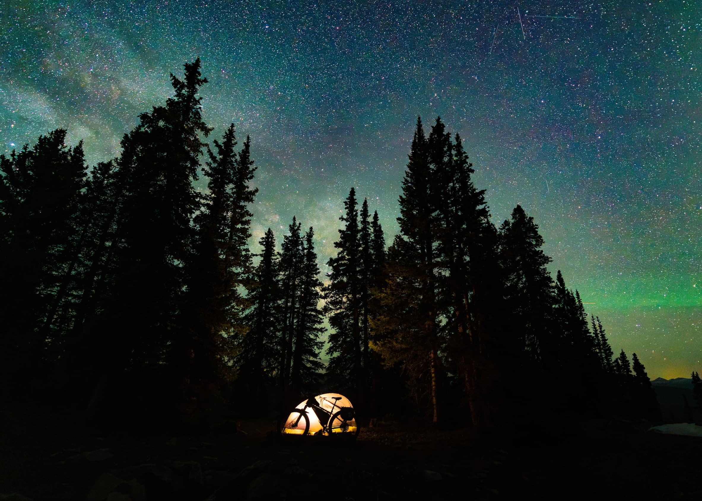 A glowing tent is set up among tall pine trees under a clear, star-filled night sky in a forest.
