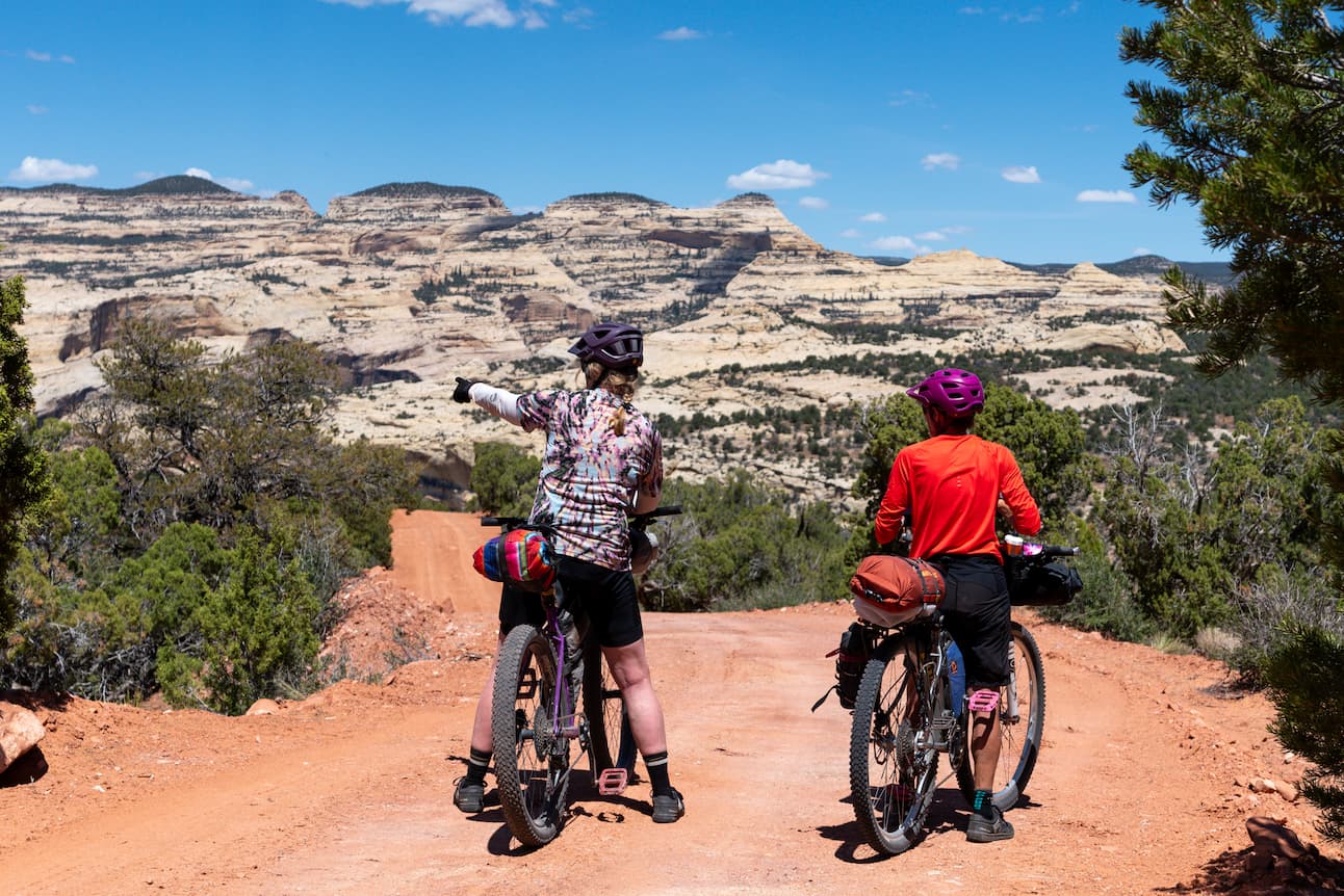 Two cyclists with loaded bikes pause on a dirt road, looking toward layered rock formations and mesas under a bright blue sky, surrounded by sparse desert vegetation. One cyclist points toward the landscape.