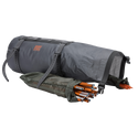 Gray dry bag with orange text and a green bag with tent equipment on a white background
