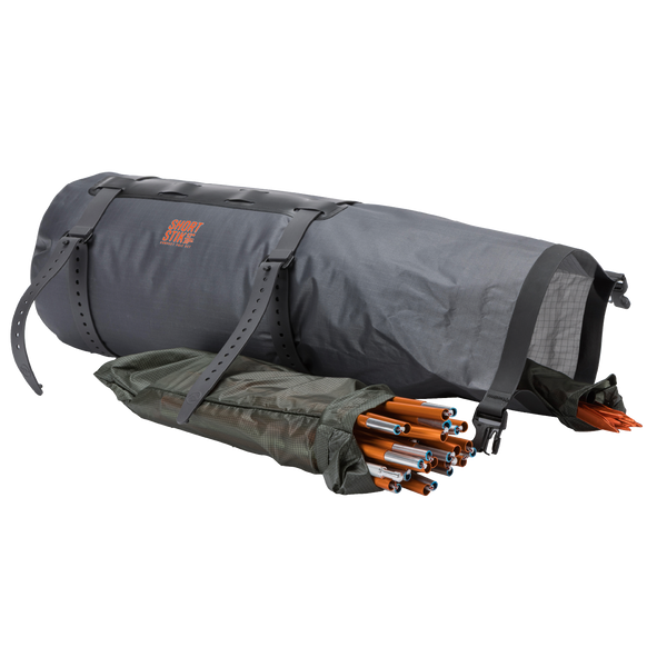Gray dry bag with orange text and a green bag with tent equipment on a white background
