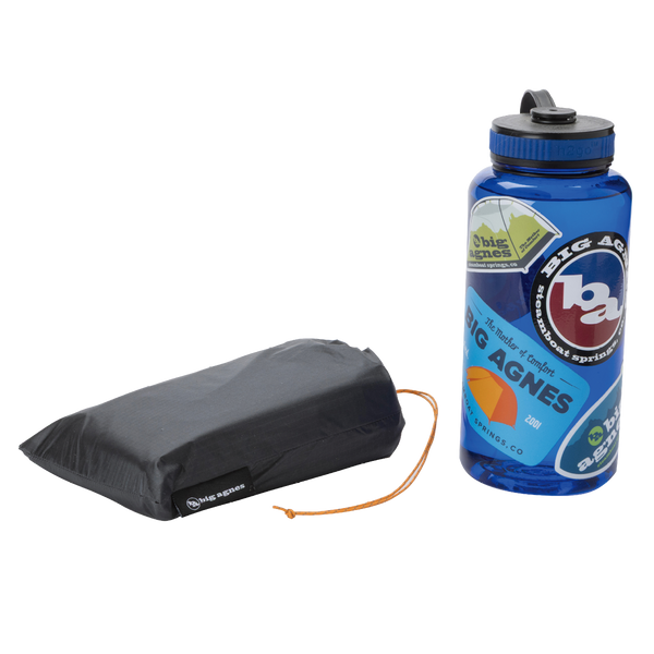 Black Copper Spur UL1 Bikepack Footprint and blue water bottle with 'Big Agnes' branding on a white background