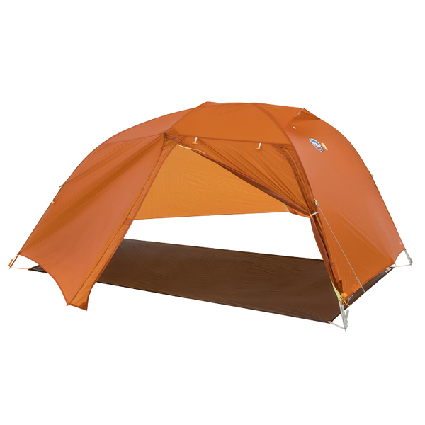 Orange Copper Spur UL3 mtnGLO® camping tent with a brown groundsheet on a white background