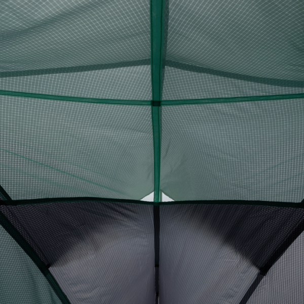 Interior view of the Pitchpine VST 1.5 by Big Agnes Canada, showing mesh ceiling panels and intersecting support poles forming a geometric pattern on the upper walls of this ultralight tent.