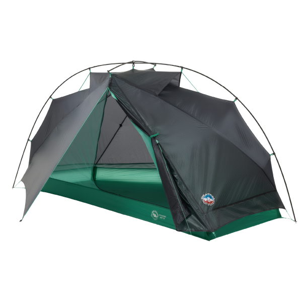 Green and gray tent with a logo on a white background
