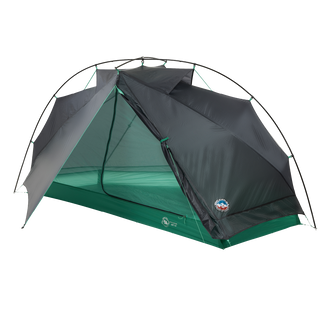 The Pitchpine VST 1.5 by Big Agnes Canada is a lightweight green and gray ultralight tent with its door open, showing the interior. Mesh panels offer ventilation, while flexible poles provide support; shown here on a plain white background.