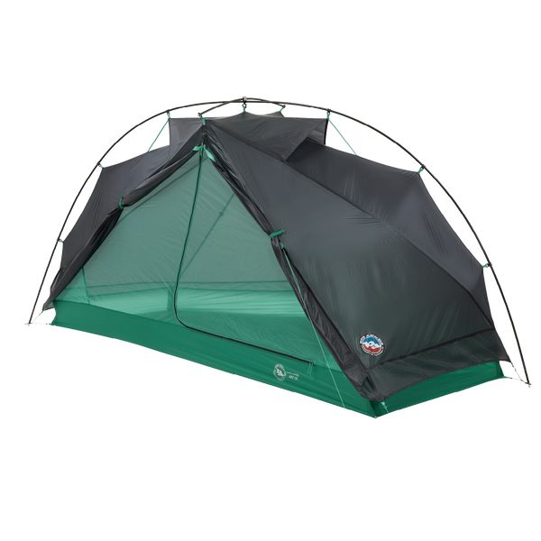 The Big Agnes Canada Pitchpine VST 1.5 is a green and gray dome-shaped ultralight tent with mesh sides and a partially open rainfly, shown set up on a plain white background.