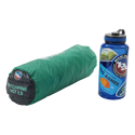 A green cylindrical tent bag labeled Big Agnes Canada Pitchpine VST 1.5 made of Hyperbead fabric rests beside a blue reusable water bottle decorated with outdoor stickers.