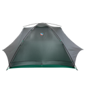 The Sarvis VST 2 by Big Agnes Canada is a gray and green dome-shaped tent with mesh panels and Hyperbead fabric, featuring the brand’s logo near the top, shown pitched on a white background.