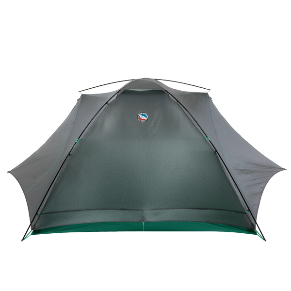 The Sarvis VST 2 by Big Agnes Canada is a gray and green dome-shaped tent with mesh panels and Hyperbead fabric, featuring the brand’s logo near the top, shown pitched on a white background.