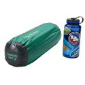 A green, cylindrical Sarvis VST 2 tent bag by Big Agnes Canada made with Hyperbead fabric rests beside a blue reusable water bottle with outdoor-themed stickers, both placed on a plain white background.