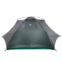 The Big Agnes Canada Sarvis VST 3 tent, in grey and green, is shown fully pitched against a white background. This lightweight, durable tent has mesh panels and a logo at the top center, viewed from the front.