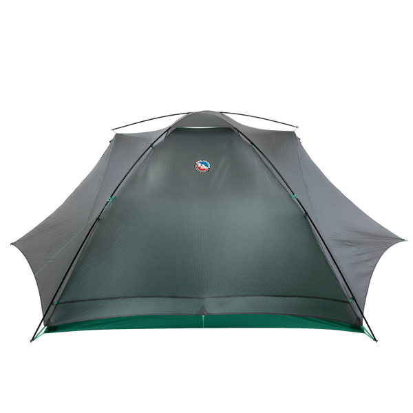 The Big Agnes Canada Sarvis VST 3 tent, in grey and green, is shown fully pitched against a white background. This lightweight, durable tent has mesh panels and a logo at the top center, viewed from the front.