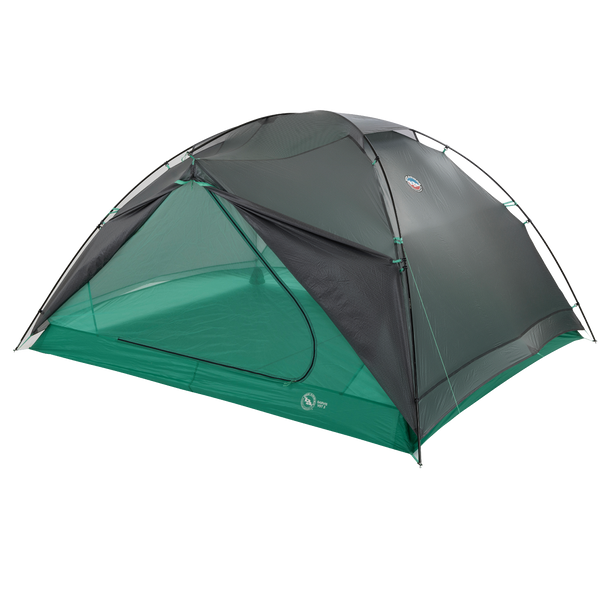 The Big Agnes Canada Sarvis VST 3 is a green and black dome-shaped tent with mesh sides and a partially open door, shown set up on a plain white background.