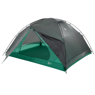 The Sarvis VST 3 by Big Agnes Canada is a green and gray, dome-shaped tent with a partially open front door, mesh panels for ventilation, and sturdy poles, shown against a plain white background.