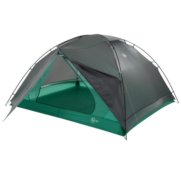The Sarvis VST 3 by Big Agnes Canada is a green and gray, dome-shaped tent with a partially open front door, mesh panels for ventilation, and sturdy poles, shown against a plain white background.