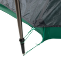 Close-up of a String Ridge VST 1.5 tent corner by Big Agnes, showing a black pole secured with green guy lines on reinforced, grid-patterned green and gray fabric—highlighting this ultralight shelter’s durability and detailed design.