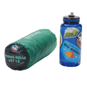 A green, rolled-up Big Agnes String Ridge VST 1.5 ultralight shelter sits next to a blue Nalgene water bottle decorated with outdoor-themed stickers.
