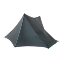 The Big Agnes String Ridge VST 1.5 is a dark gray, single-pole, pyramid-shaped ultralight tent with green-trimmed seams that stands out against a plain white background.