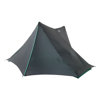 The Big Agnes String Ridge VST 1.5 is a dark gray, single-pole, pyramid-shaped ultralight tent with green-trimmed seams that stands out against a plain white background.