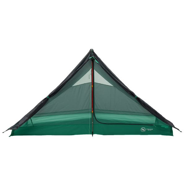 The Big Agnes String Ridge VST 1.5 is a green and black ultralight tent with a mesh upper, shown on a white background. It features a central trekking pole, symmetrical design, and a partially unzipped door revealing the interior.