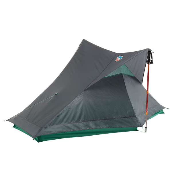 The Big Agnes String Ridge VST 1.5, a lightweight gray and green backpacking tent with an open entrance and trekking pole support, is shown on a white background—an ultralight, ideal shelter for your next outdoor adventure.