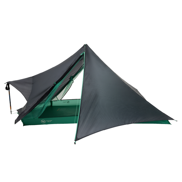 Camping tarp with green base and gray top on a white background
