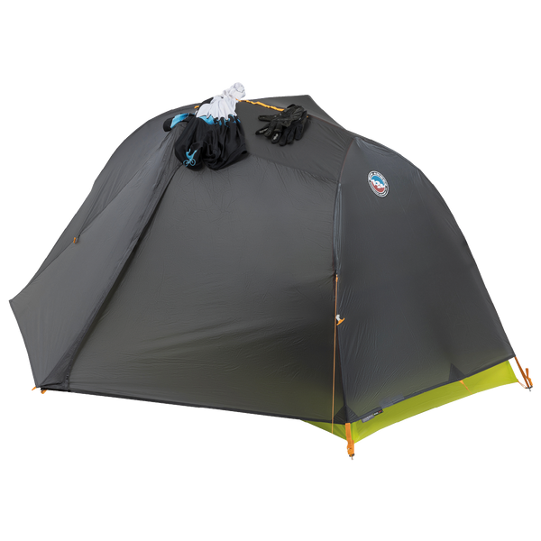 Gray Tiger Wall UL1 Bikepack camping tent with green base on a white background