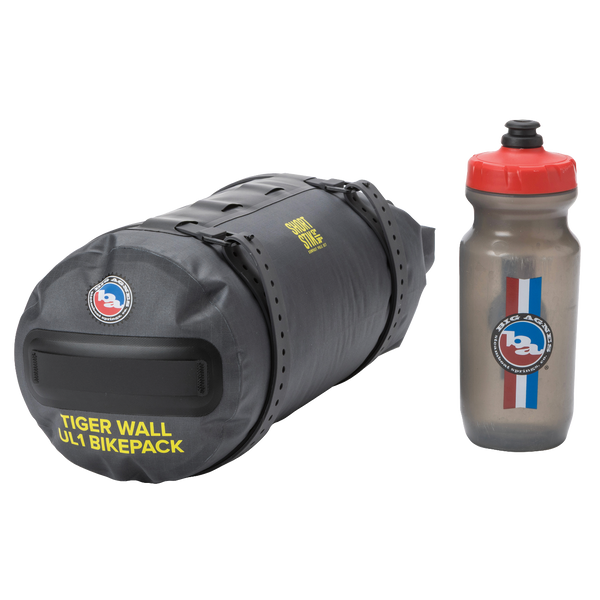 Gray Tiger Wall UL1 Bikepack and water bottle with branding on a white background