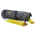 Gray roll-up Tiger Wall UL2 Bikepack dry bag stuff sack with a yellow drawstring bag containing items on a white background
