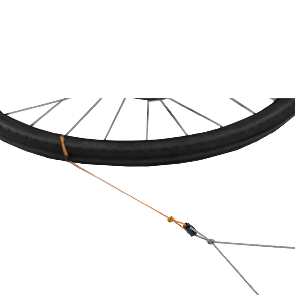 Bicycle wheel with a cable and housing on a white background