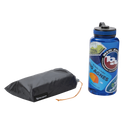 A blue water bottle with colorful Big Agnes stickers sits next to a compact, black Big Agnes Canada Tiger Wall UL1 Bikepack Footprint pouch featuring an orange drawstring, both displayed on a white background.