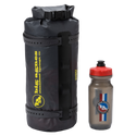 Black Tiger Wall UL2 Bikepack dry bag with yellow branding and a gray water bottle with red cap on a white background