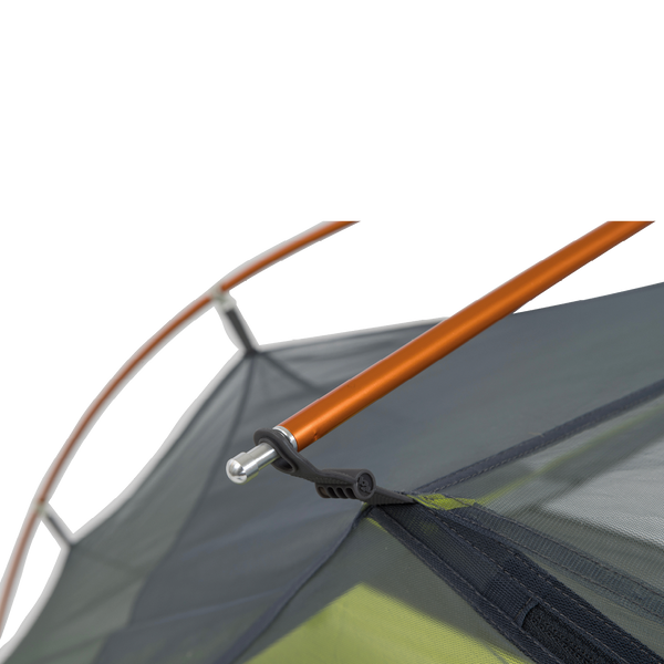 Close-up of a Tiger Wall UL2 Bikepack tent with an orange pole and gray fabric on a white background