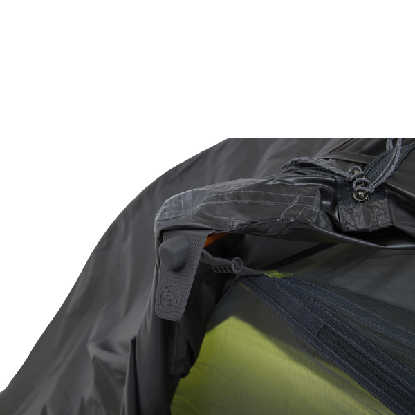 Close-up of a gray Tiger Wall UL2 Bikepack with a drawstring on a white background