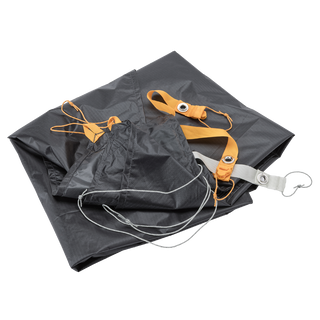 The Big Agnes Canada Tiger Wall UL1 Bikepack Footprint, shown folded with attached orange and gray straps, metal grommets, and a cord loop for Fast Fly setups, is displayed on a white background.