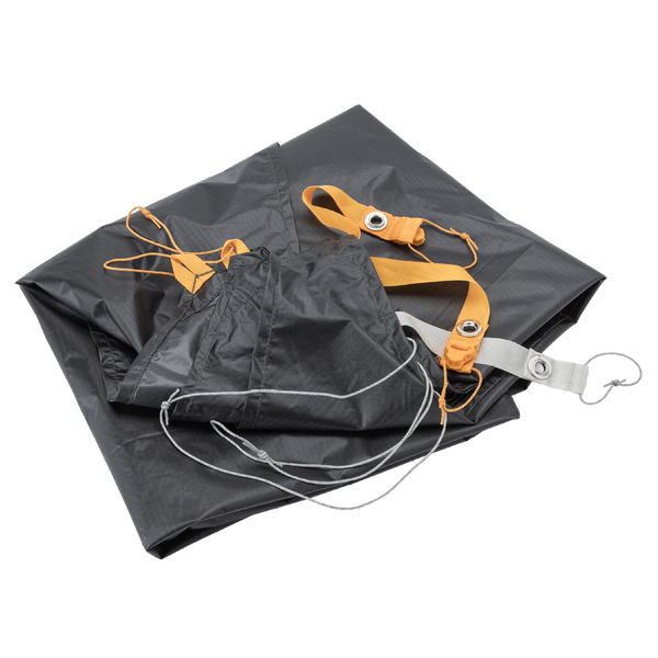 The Big Agnes Canada Tiger Wall UL1 Bikepack Footprint, shown folded with attached orange and gray straps, metal grommets, and a cord loop for Fast Fly setups, is displayed on a white background.