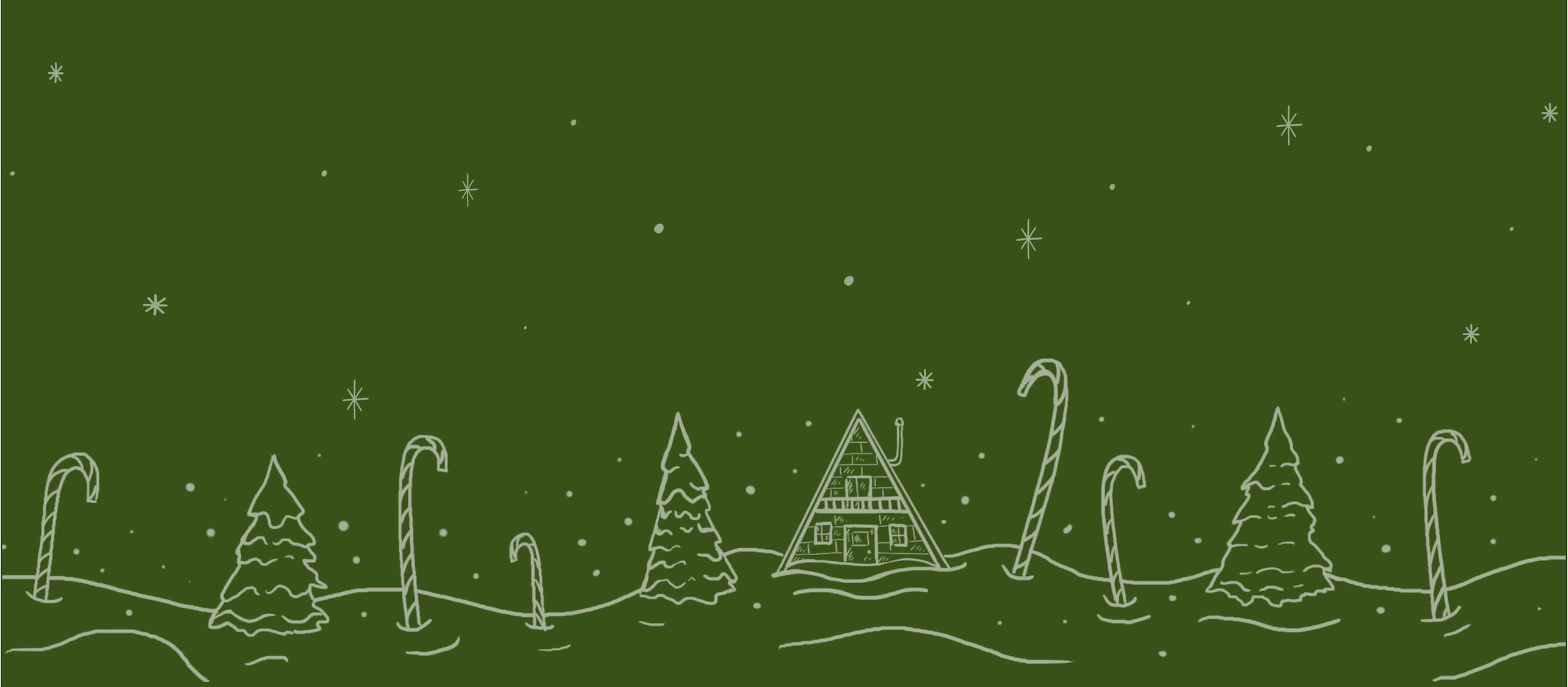 A simple line drawing of a snow-covered landscape with pine trees, a cabin, candy canes, and snowflakes, all on a green background.