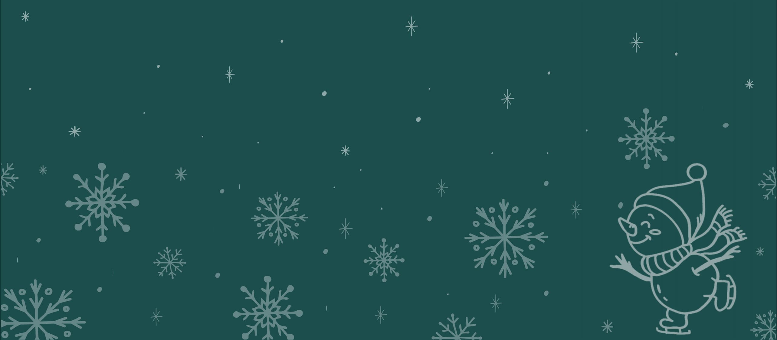 A childlike drawing of a snowman wearing a hat and scarf appears in the bottom right corner, surrounded by falling snowflakes on a dark teal background.